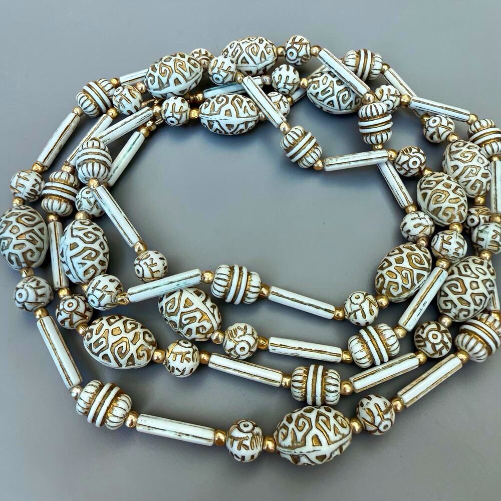 Vintage 1960s Plastic Bead Necklace White Gold Scroll Motif Geometric Tube Beads